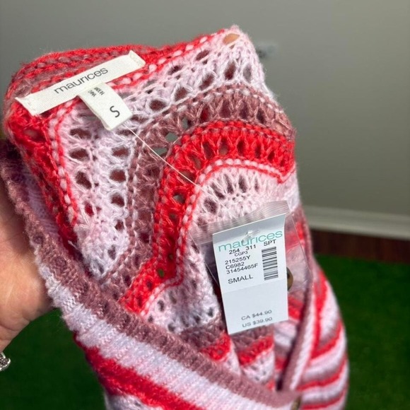 NWT Maurice's Size S Pink/Red Chevron Knitted Cardigan Cozy Open Front - Picture 3 of 6